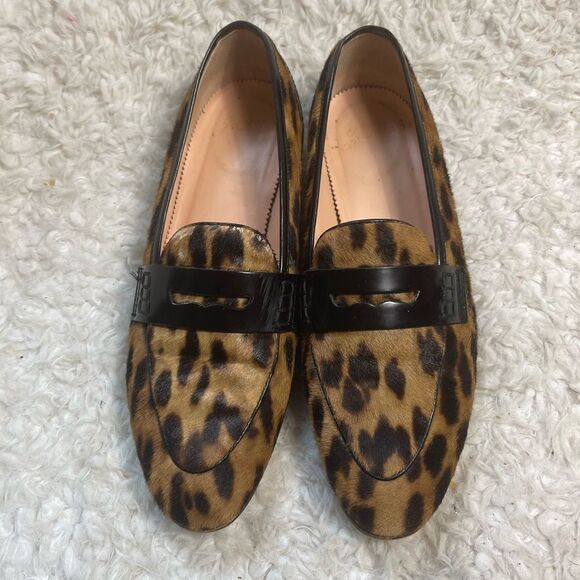 J Crew leather calf hair leopard print penny loafers size 7 - Picture 1 of 12